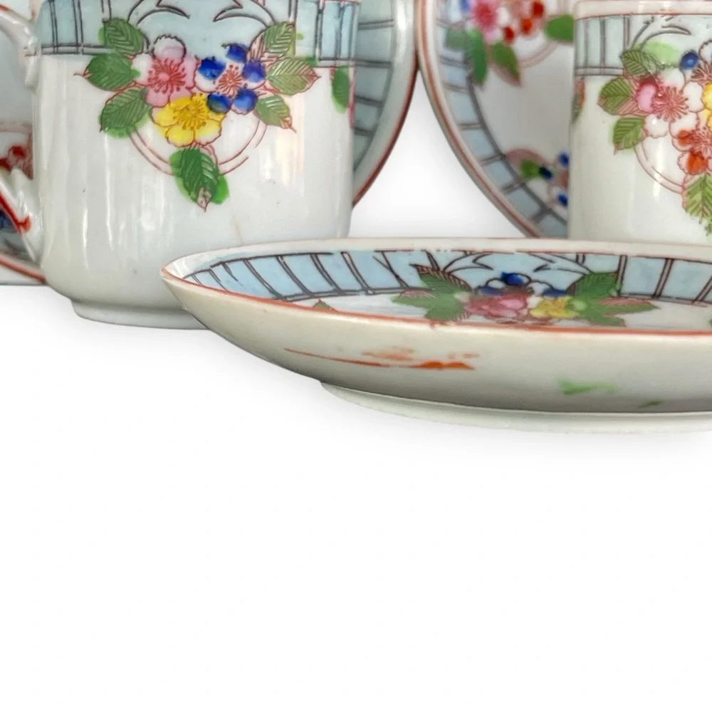 Post War Floral Patterned Porcelain Demitasse Teacup Saucer 5pc. Set